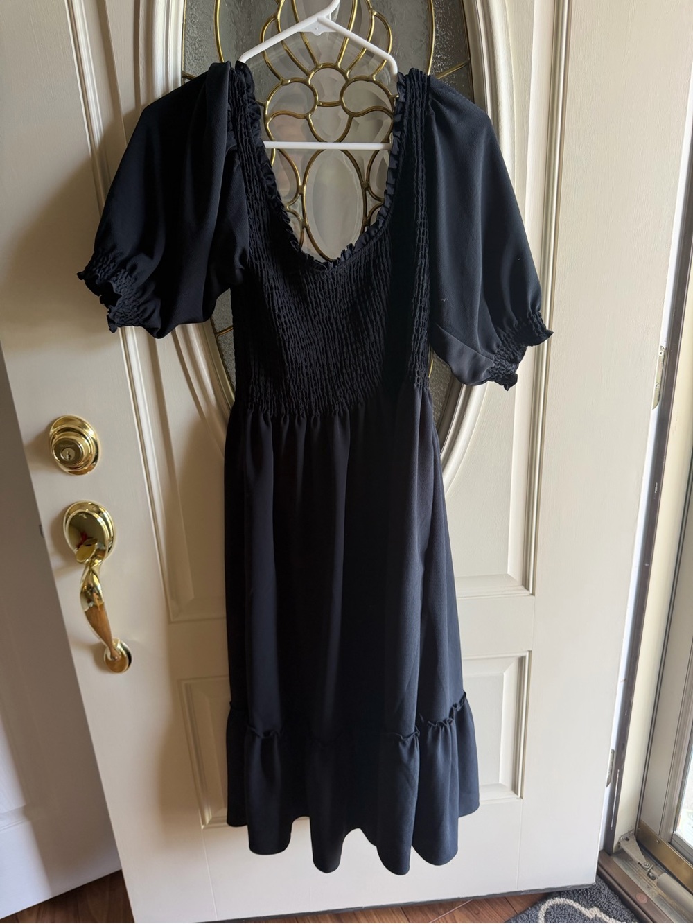 Hill House Black Smocked Puff-Sleeve Midi Dress